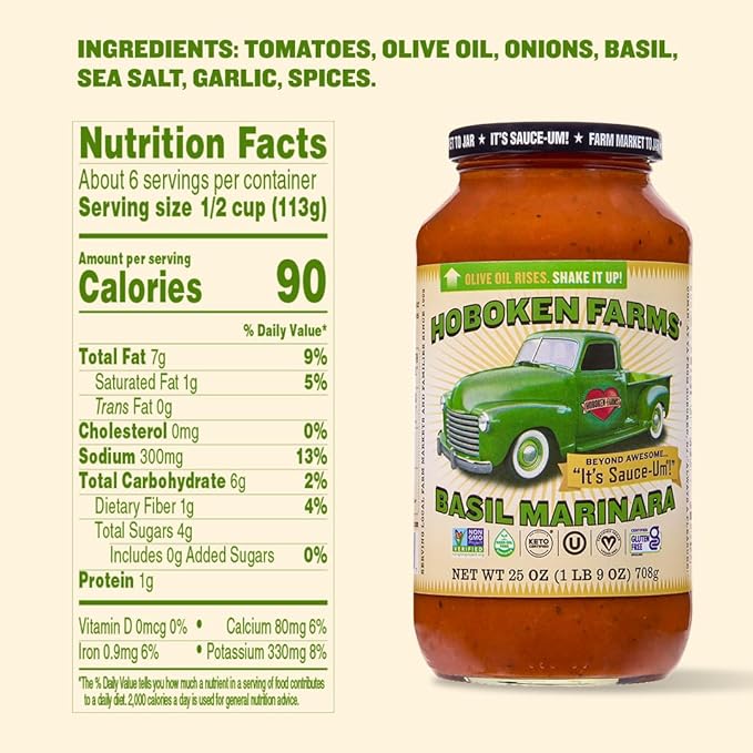 Hoboken Farms Basil Marinara Sauce - No Sugar Added Low Sodium Non-GMO Preservative-Free Low Carb Keto – Better For You Pasta Sauce! (25 Fl Oz Pack of 4)