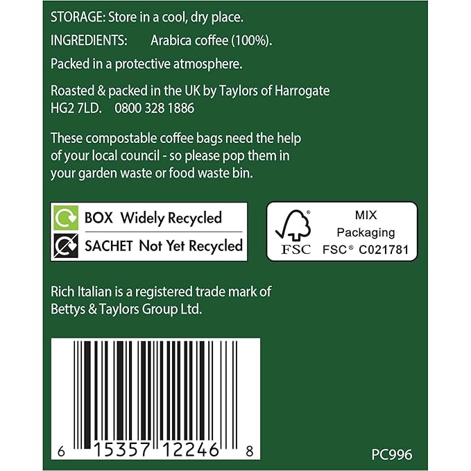 Taylors of Harrogate Rich Italian Coffee Bags (30 Enveloped Bags 3 Packs of 10)