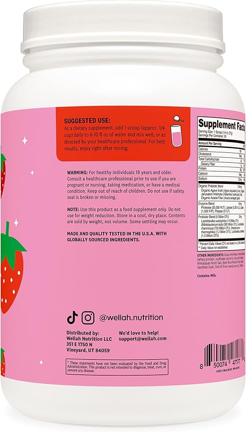 Wellah Grass-Fed Whey Protein Isolate Powder (Strawberries and Cream) 30 Servings - with Prebiotics Enzymes &amp Probiotics 20g of Protein 100 Calories Naturally Sweetened
