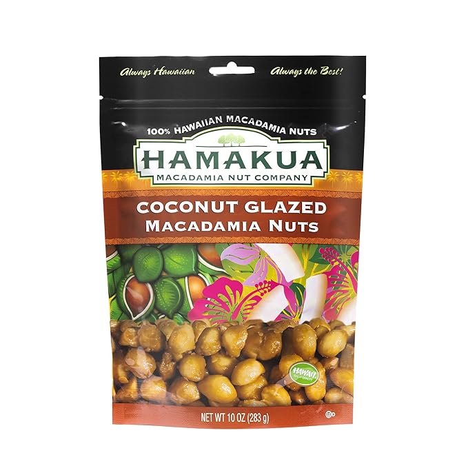 Hamakua Macadamia Nuts - Sweet Glazed Coconut - Hawaiian Grown Flavored Dry Roasted Half and Whole Macadamias - Natural Eco-Friendly Large Macadamia Nuts