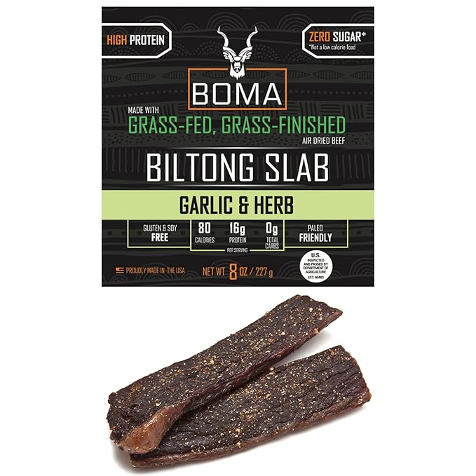 Boma Biltong Slab (Garlic &amp Herb) - Air-Dried Grass Fed Grass Finished Beef Jerky Snack | Keto Paleo Whole30 Friendly Carnivore Diet | Charcuterie South African Beef Jerky Gluten Free Soy F