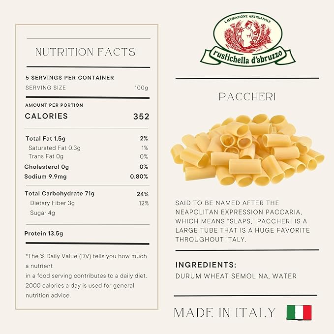 Rustichella d'Abruzzo Paccheri Pasta (2 Pack) - 500g Classic Durum Wheat Large Tube Pasta - Perfect for Hearty Sauces - Cooks in 13-15 Minutes - Authentic Italian Flavor