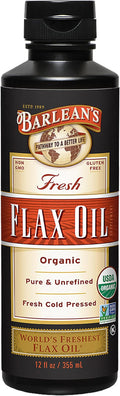 Barlean's Organic Flaxseed Oil Liquid from Fresh Cold Pressed Flax Seeds 7640mg ALA Omega 3 Fatty Acid Supplement for Healthy Hair Skin and Eyes Vegan and Gluten Free 12 oz