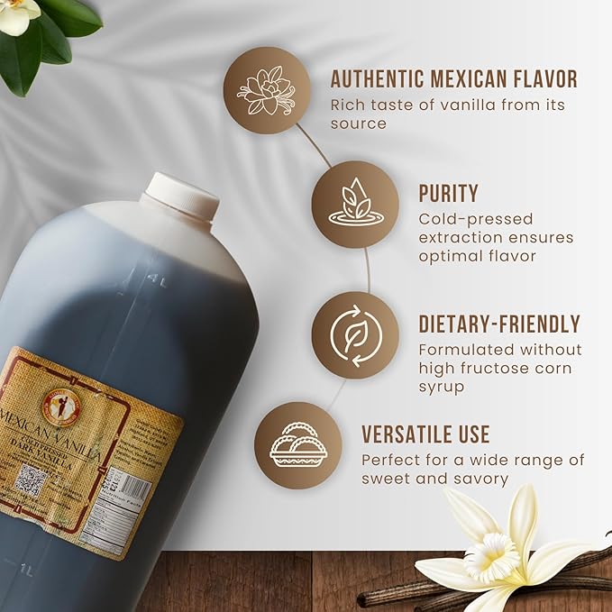 Pure Dark Mexican Vanilla Extract Gluten-Free Vanilla for Baking Cakes Cookies Desserts Coffee &amp Beverages (135.25 fl oz) – Natural No Coumarin Bold Flavor