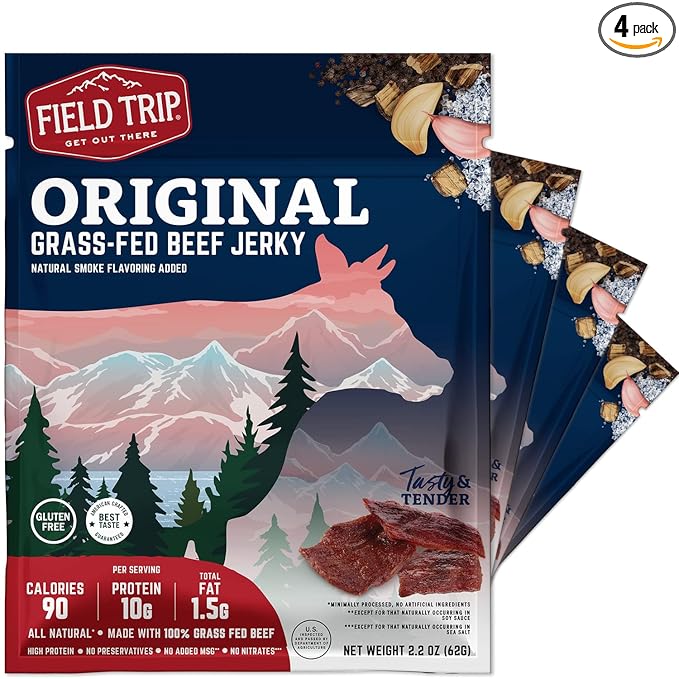 Field Trip Grass Fed Beef Jerky Healthy Gluten Free Snacks All Natural High Protein Snack with No Nitrates 2.2 Ounce Bag 4 Pack Original
