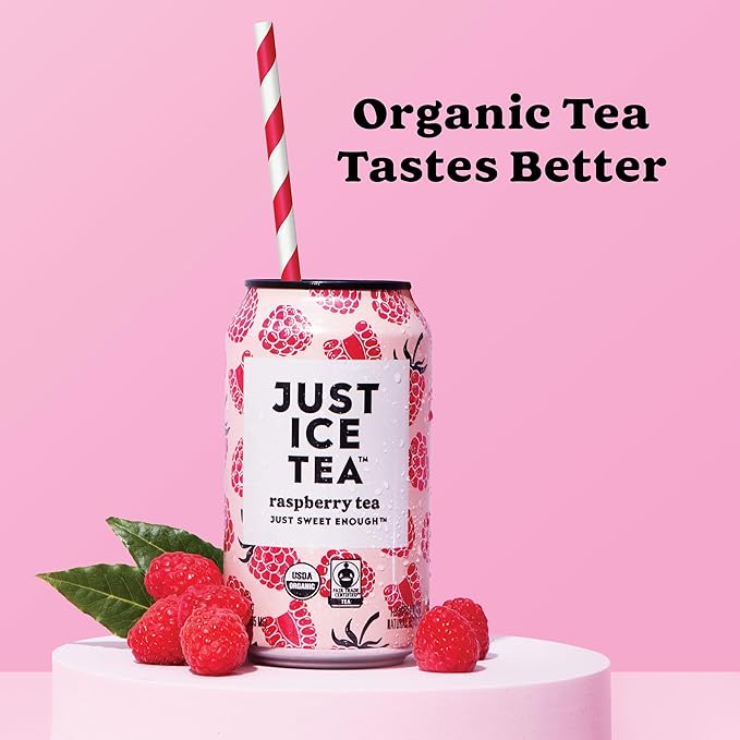 Just Ice Tea Raspberry Flavored Black Iced Tea 24-Pack (12oz Cans) USDA Certified Organic Low Calorie No Artificial Sweeteners Fair Trade Made in USA.