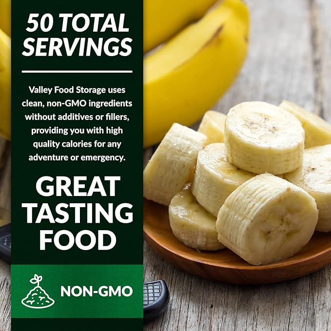 Valley Food Storage Freeze Dried Banana Slices | 10-Bag Bucket 53 oz | Non-GMO Premium Emergency Food Supply 25 Year Shelf Life | Prepper Supplies Survival Food &amp Off-Grid Living | Packaged in