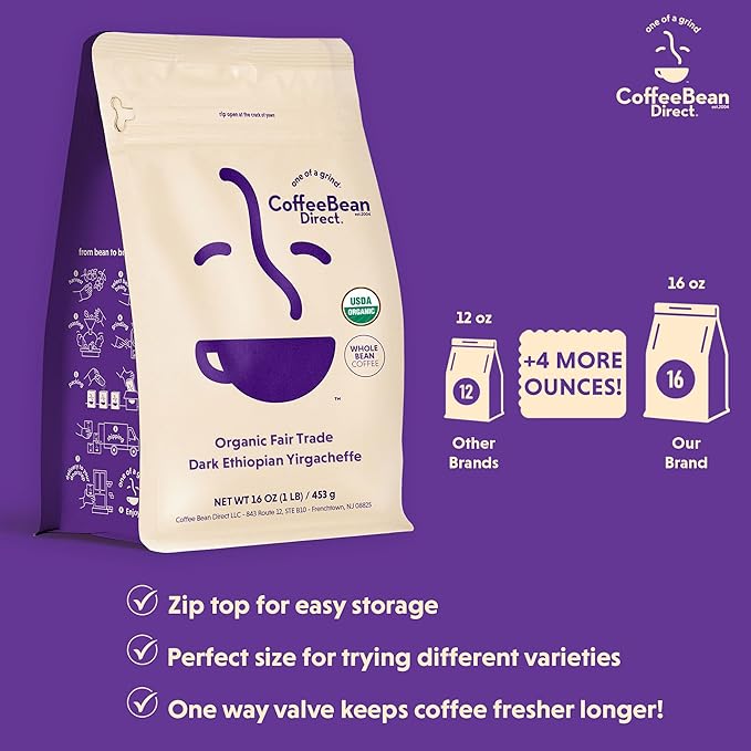 Coffee Bean Direct Organic Fair Trade Ethiopian Yirgacheffe Whole Bean Coffee Dark Roast 1 Pound Bag (Pack of 1)