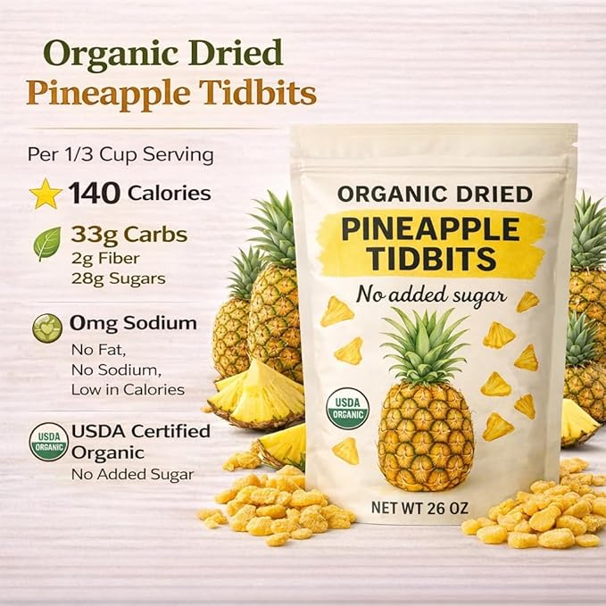 Organic Dried Pineapple Tidbits 26 oz Bag - Healthy Dried Fruit Snack