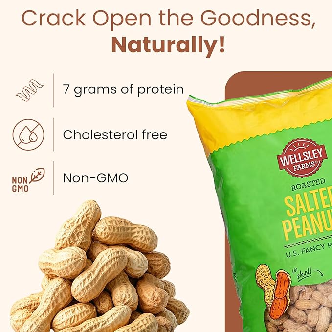 Wellsley Farms Salted Roasted Peanuts In Shell USA Grown Whole Non-GMO Gluten-Free Vegan Cholesterol-Free Shell-Cracking Snack for Game Day BBQ &amp Travel 5 lb Bag