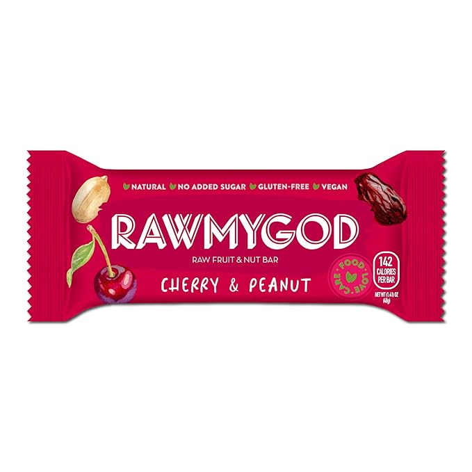 RAWMYGOD Fruit and Nut Bars Gluten Free Vegan No Added Sugar (16 bars Cherry &amp Peanut)