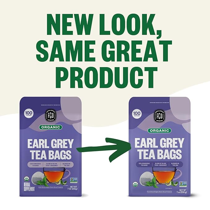 FGO Organic Earl Grey Black Tea 100 Count Eco-Conscious Tea Bags Resealable Bag Packaging May Vary (Pack of 1)