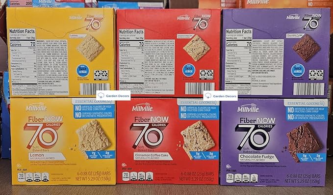 Fiber NOW Millville 70 Calories Soft Baked Bars Lemon Chocolate Fudge Cinnamon Coffee Cake 5.29oz 150g (Six Boxes)
