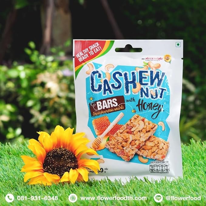 ฟลาวเวอร์ Cashew Nut Bars with Honey - Chewy &amp Sweet Snack (5 x 40g Packs)
