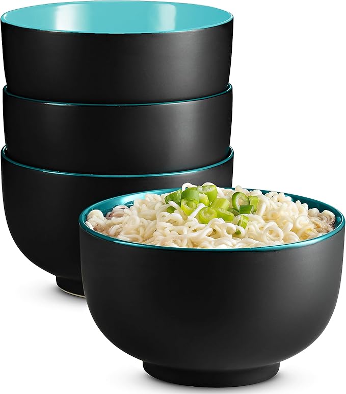 KooK Ramen Bowl Japanese Bowls Noodle Bowls Large Soup Bowl Ceramic Large Capacity For Ramen Pho Udon Soba Microwave and Dishwasher Safe 34 oz Set of 4 (Black/Teal)