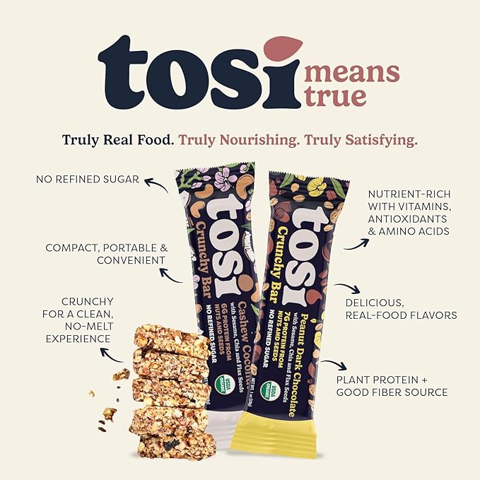 Tosi Cashew Coconut and Dark Chocolate Peanut Protein Bars Combo Plant Based with Nuts Gluten-Free Crunchy Snacks Vegan Organic Flax &amp Chia Seeds Soy-Free Omega 3s 6G/8G Protein 1 oz 12-