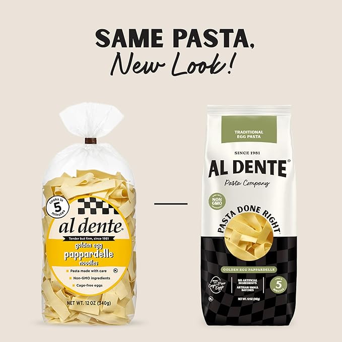Al Dente Golden Egg Pappardelle – All-Natural Hand-Crafted Egg Pasta. Traditional Pasta Noodles Made with Cage-Free Eggs and Semolina. Great for Pastas Soups Stews. 12oz Bags (Pack of 6)