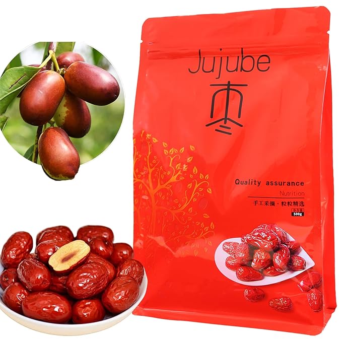Baihuatang Chinese Jujube Dates 500g (1.1LB) dried red date High Grade Dried Red Dates Fruit Jujubes Healthy Dried Fruit Superfood Snack No Preservatives Vegan Kosher Sweet Crispy Small Core 红枣 大枣