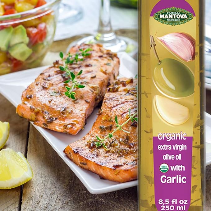 Mantova USDA Organic Garlic Extra Virgin Olive Oil (EVOO) Cold-Pressed Imported from Italy. Perfect for salad dressing vegetables pasta salad dipping Italian bread or pan frying 8.5 ounce