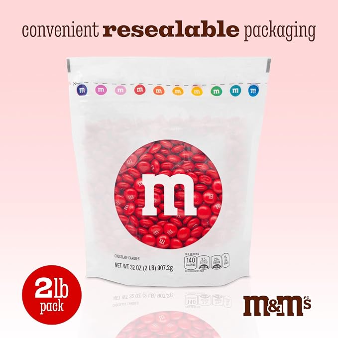 M&ampM’S WORLD Red Milk Chocolate Candy 2lbs of M&ampM'S in Resealable Pack for Candy Bars Birthday Parties Christmas Chocolate Valentine's Day 4th of July Dessert Tables &amp DIY Party Favor