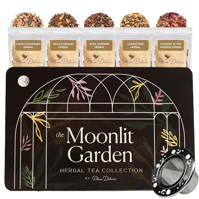 Moonlit Garden Collection Assorted Herbal Tea Gift Set - Hand-Crafted Loose Leaf Teas Presentation Gift Box with Loose Leaf Steeper Included Sleepytime Tea - 5 Unique and Flavorful Teas 75+ Cups