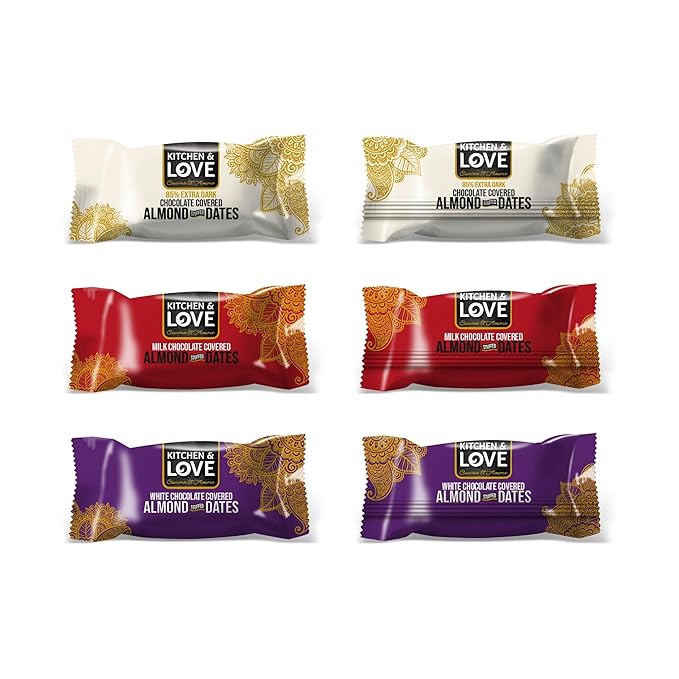 Kitchen &amp Love Assorted Chocolate Covered Almond Stuffed Dates in a Convenient Resealable Pouch 8 Individually Wrapped Pieces Healthy Snack 3.5 oz pouch (Pack of 4)