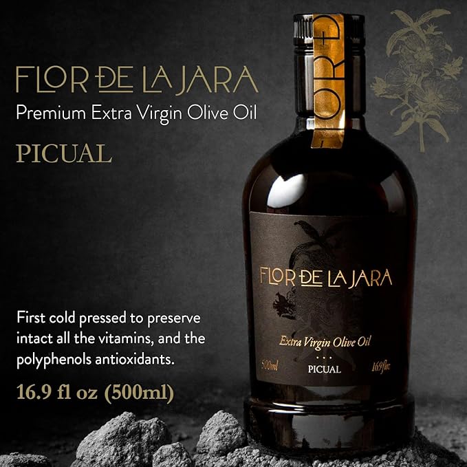 FLOR DE LA JARA Premium Extra Virgin Olive Oil from Spain First Cold Pressed Polyphenol-Rich Monovarietal Picual Hand-Harvested Olives Family-Owned Grove Low acidity (01%) 16.9 fl oz (500ml)