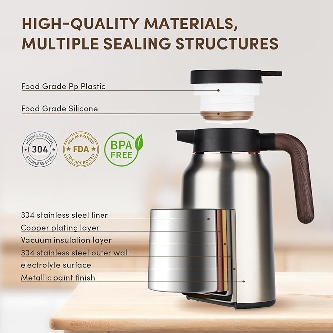 Vondior Coffee Carafe 35oz/1.0L - 24Hours Coffee Thermal- Insulated 304 Stainless Steel Hot Beverage Dispenser - Thermal Coffee Carafes For Keeping Hot/Cold Coffee Drink Dispenser for Parties