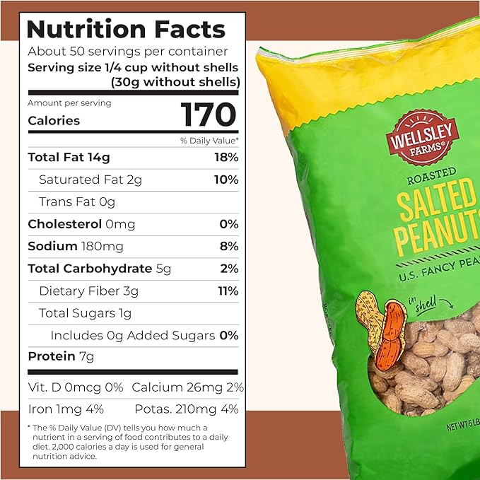 Wellsley Farms Salted Roasted Peanuts In Shell USA Grown Whole Non-GMO Gluten-Free Vegan Cholesterol-Free Shell-Cracking Snack for Game Day BBQ &amp Travel 5 lb Bag