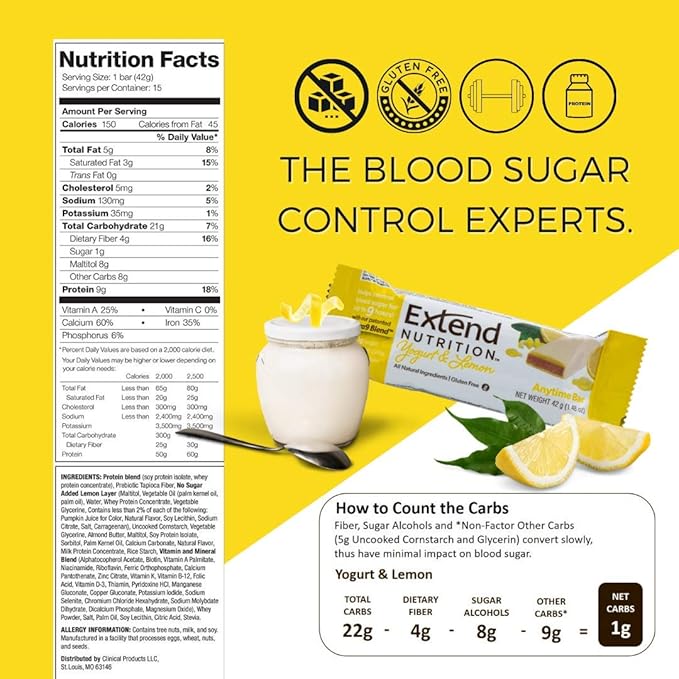 Extend Nutrition - Diabetic Food Nutrition Bars to Help Control Hunger and Manage Blood Sugar Low Carb Low Glycemic Keto Friendly Weight Management Diabetic Snacks Yogurt &amp Lemon (15 Count)