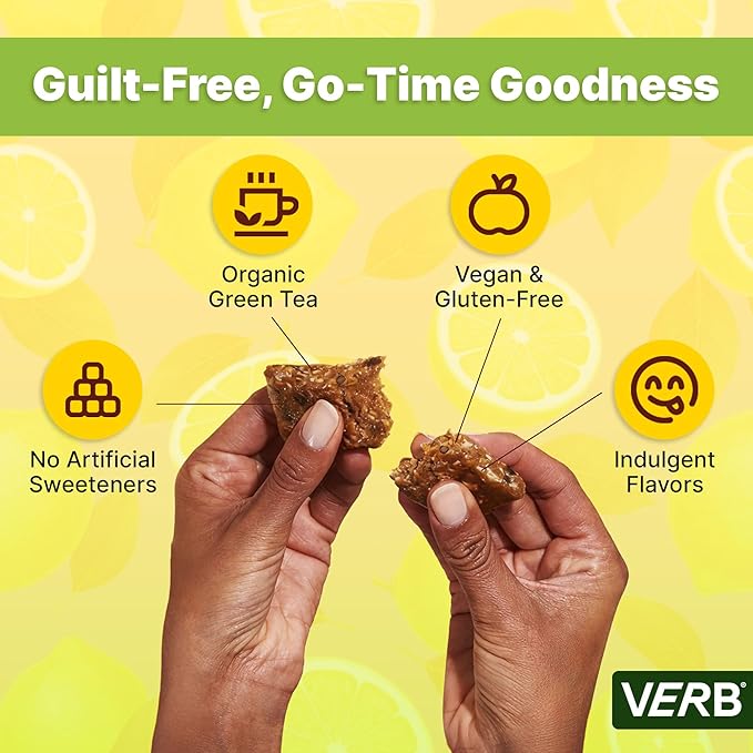Verb Caffeinated Energy Bars Lemon (26g Pack of 16) 110-Calorie Delicious Low Sugar Energy Bar - Vegan Gluten Free On-the Go Snack with 80mg Green Tea Caffeine Only Real-Food Ingredients