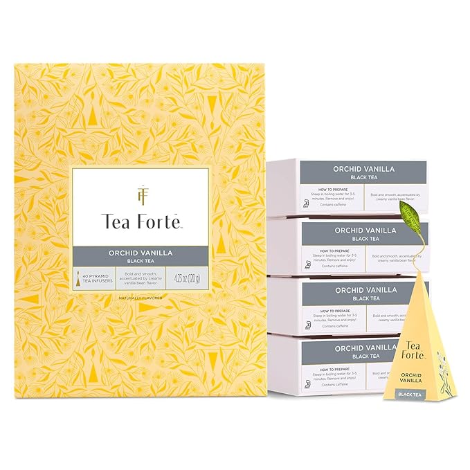 Tea Forte Orchid Vanilla Premium Caffeinated Black Tea Blend Event Box Bulk Pack 40 Count 10 per tray Individually Wrapped Handcrafted Pyramid Infusers