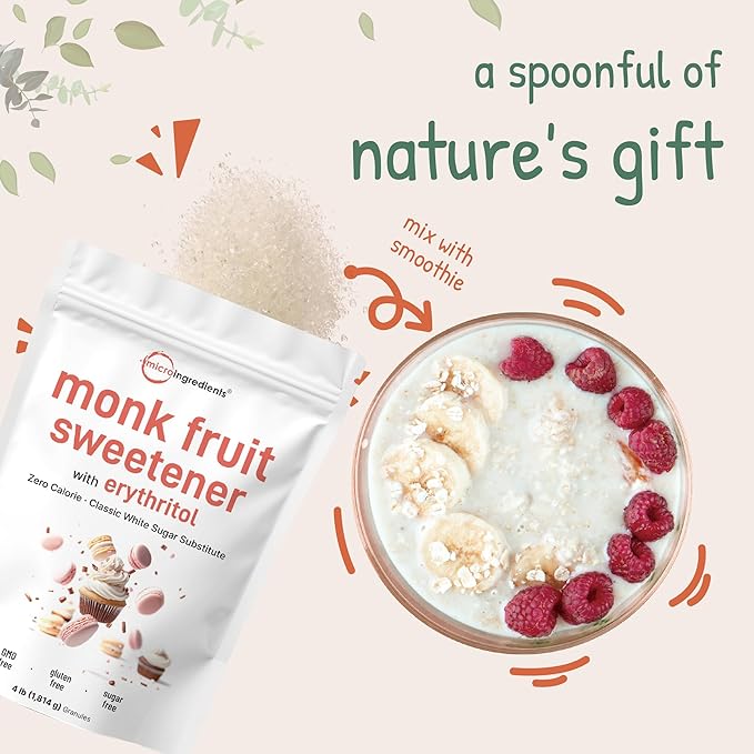 Monk Fruit Sweetener with Erythritol Granules 4 Pounds No After Taste 1:1 White Sugar Substitute Keto Diet Friendly Zero Calorie Natural Sweetener for Drinks Coffee Tea Cookies No-GMO Vegan