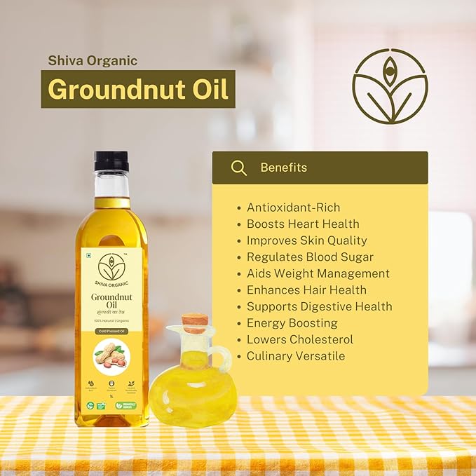Shiva Organic Cold-Pressed Groundnut Oil - 100% Natural Certified Organic - 1L (33.8 fl oz) for Cooking Frying and Healthy Living