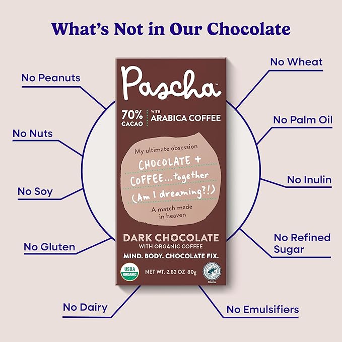 Pascha Organic Dark Chocolate Bars 70% Cacao with Arabica Coffee Gluten Free &amp Non GMO 2.8 oz Pack of 10