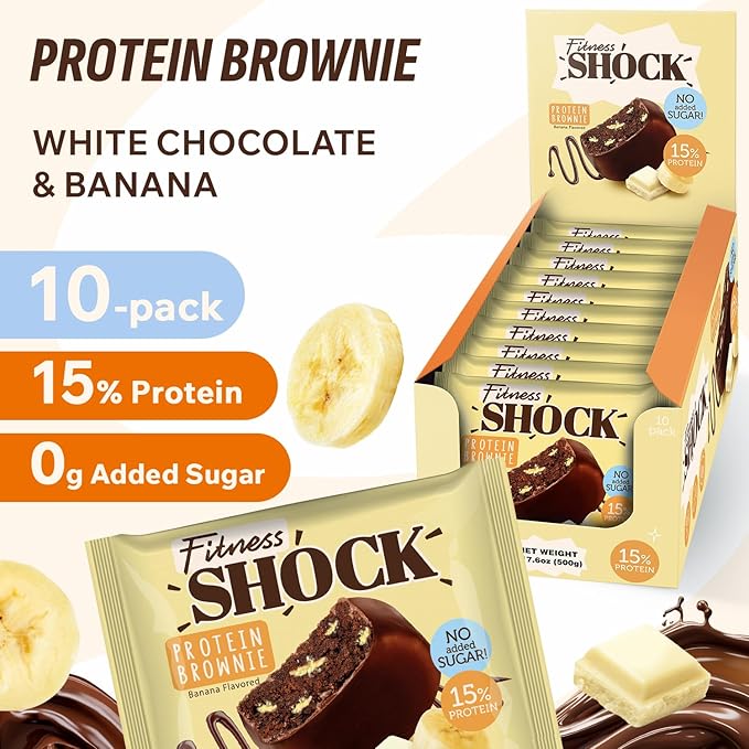 FitnesSHOCK Protein Brownies – Dark Chocolate &amp Banana Dessert Bars – Low Sugar Dessert Snack (2g Total Sugar No Added Sugar) – Healthy Snack – 10 Count