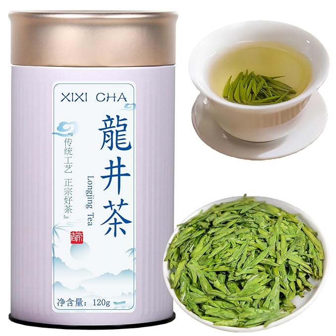 XIXICHA Longjing Green Tea Loose Leaf New Longjing Tea Dragon Well Dragonwell Tea Chinese Green Tea Lung Ching Premium Bean Aromatic All-natural and free of additives 4.23oz/120g（96 cups）龙井 绿茶 明前采摘