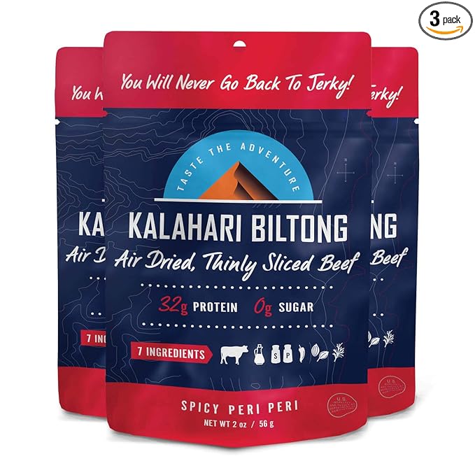 Spicy Peri Peri Kalahari Biltong Air-Dried Thinly Sliced Beef 2oz (Pack of 3) Sugar Free Gluten Free Keto &amp Paleo High Protein Snack