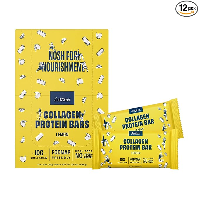 JUSTNOSH Lemon Collagen Protein Bars – 13g Protein 10g Collagen | Gluten &amp Dairy Free Low FODMAP Seed Oil Free (12 Pack)