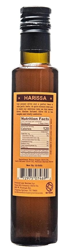 Texas Hill Country Olive Co Harissa Infused Olive Oil - Cold Pressed Gourmet EVOO Olive Oil - Great for Dressing Dipping Marinade - No Artificial Flavors or Added Sugar - Made in Texas (8.5 Fl Oz)
