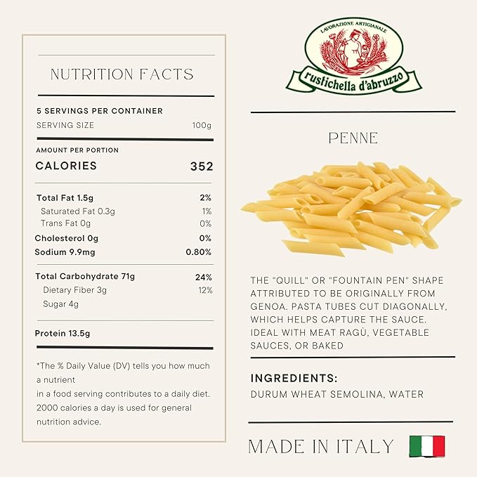 Rustichella d'Abruzzo Penne Pasta (Pack of 2) 500g Each - Classic Durum Wheat Short Quill-Shaped Pasta - Perfect for Sauces and Baked Dishes - Cooks in 10-12 Minutes - Authentic Italian Pasta