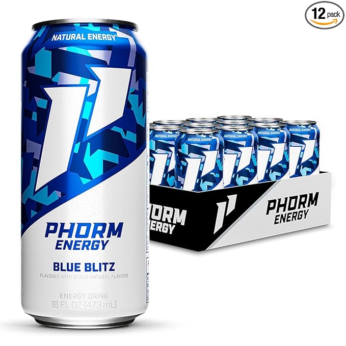 Phorm Energy Drink Blue Blitz Blue Raspberry Flavor 200 MG Natural Caffeine From Green Tea Sugar Free Carbonated Drink With Electrolytes &amp Vitamin B12 Dairy &amp Gluten Free Vegan 16 FL Oz
