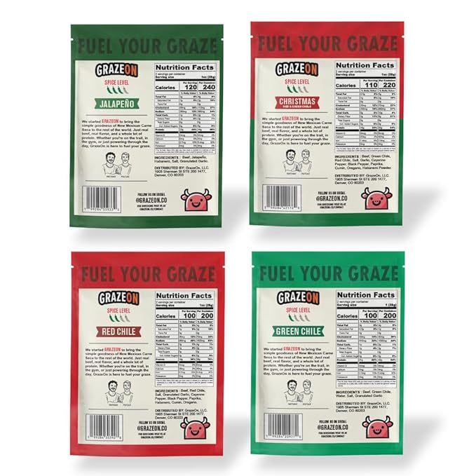 GrazeOn Beef Jerky Crisps Variety Pack - High Protein No Sugar Crunchy Air-Dried Meat Snack All-Natural Low Carb Keto Paleo Whole30 Spicy Pack All Natural Jerky Sampler with Red Chile Jalapeñ
