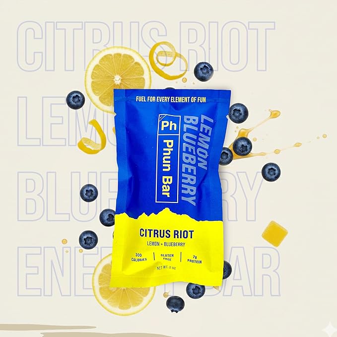 Phun Bar Citrus Riot Energy Bars (Pack of 12) | Lemon + Blueberry | 300-Calorie Gluten-Free Sports Energy Bars with Sustained Energy for Cycling Endurance Training Long Rides &amp Active Days