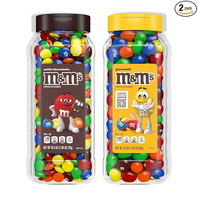M&ampM’s Milk Chocolate and M&ampM’S Peanut Bulk Candy Jars Assorted Chocolate Candies Party Size Bulk Candy Movie Night Snacks Resealable and Recyclable 48.5 Oz Total (Pack of 2)