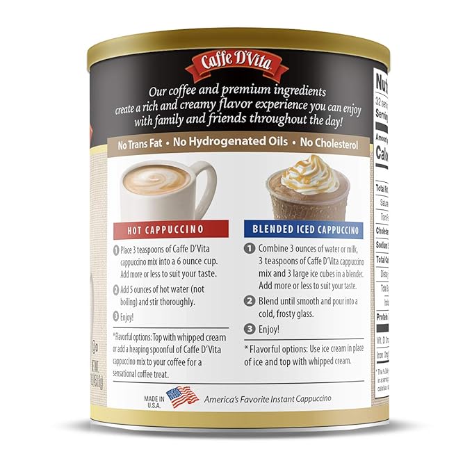 Caffe D’Vita Irish Cream Cappuccino Mix - Irish Cream Coffee Irish Coffee Gluten Free No Cholesterol No Hydrogenated Oils No Trans Fat 99% Caffeine Free Instant Coffee - 16 Oz Can 6-Pack