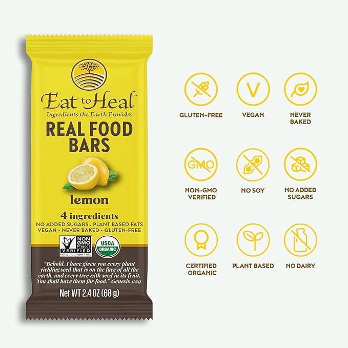 EatToHeal Lemon Real Food Bar - Organic Vegan Healthy Gluten Free Protein Bars - Low Sugar Meal Replacement Bar Non GMO Never Baked Plant Based - Crafted to Enjoy Not Sit on Shelves