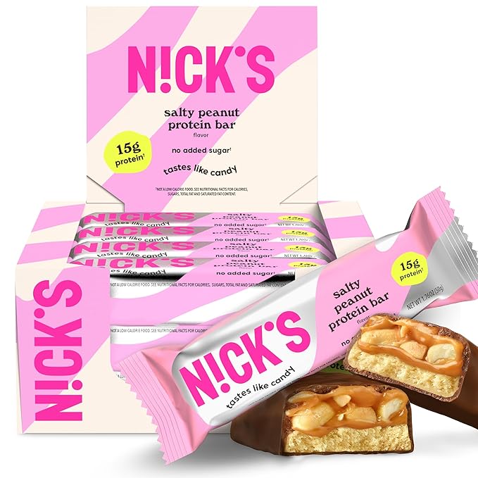 NICKS Protein Bars Salty Peanut Chocolate – 12-Count Box | 15g protein | 200 calories | Protein-Packed Snack Low Calories Low Carbs Keto Friendly No Added Sugar