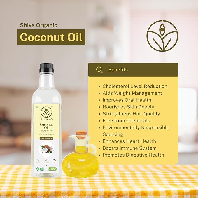 Shiva Organic Cold-Pressed Coconut Oil - 100% Natural Certified Organic - 1L (33.8 fl oz) for Cooking Beauty and Holistic Wellness