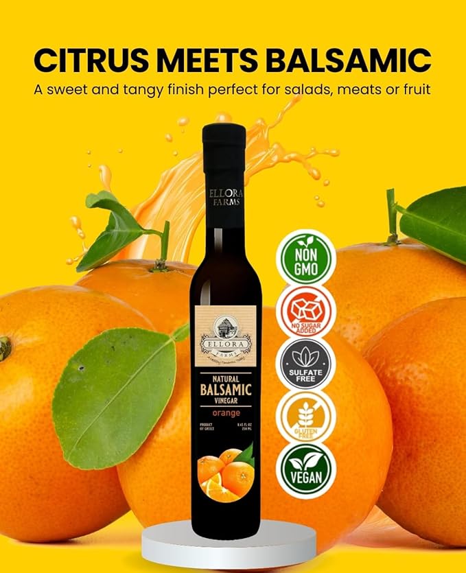 Ellora Farms Orange Balsamic Vinegar Real Fruit Infused Thick Barrel Aged No-added sugars No-preservatives Glass bottle 8.5 oz (Orange)